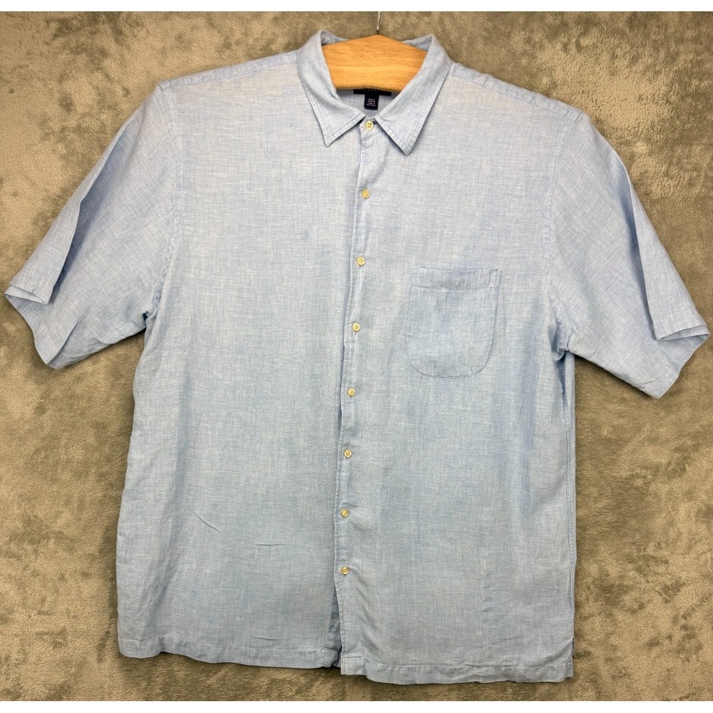 VTG Lands' End Men's Linen‎ Shirt 18-18.5 (2XL) Blue Short Sleeve Button Up